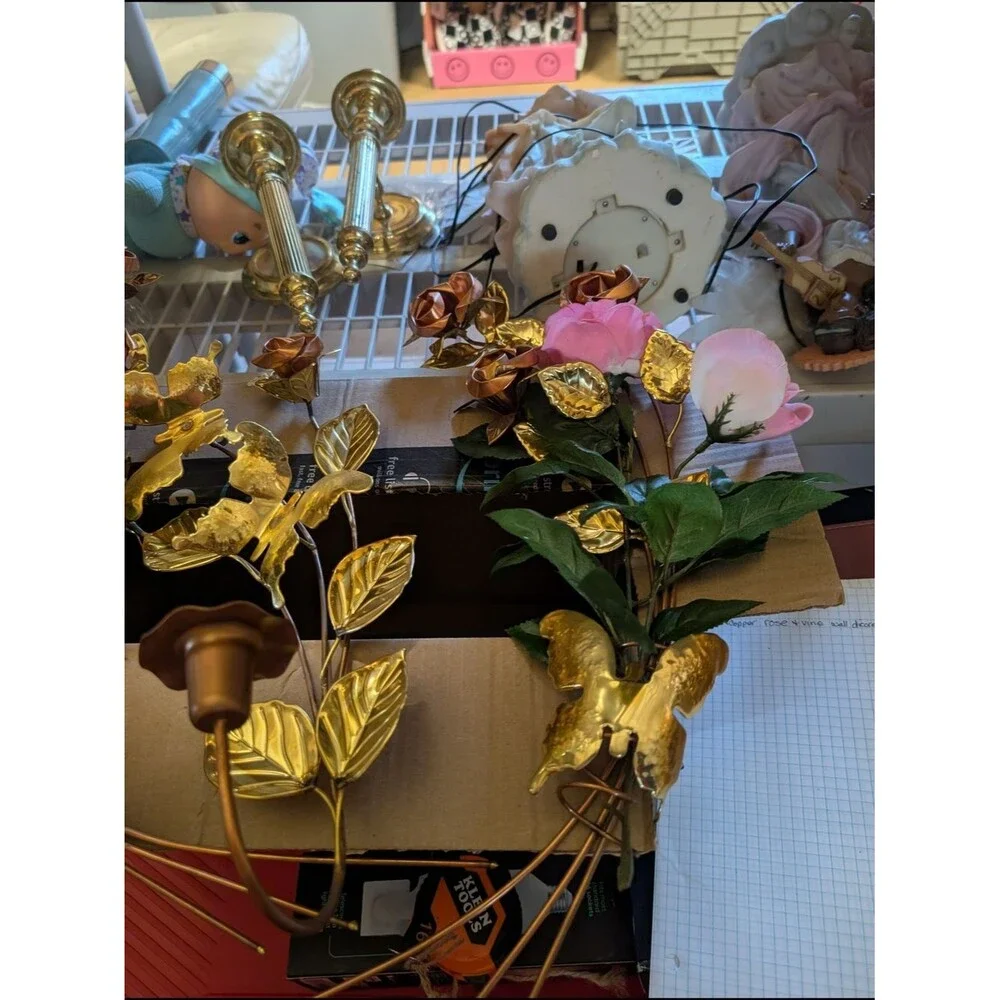 AT-1 Home Accents Gold Metal Rose Stems with Pink Fabric Roses